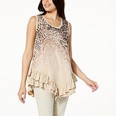 DG2 by Diane Gilman Slub Knit Placed Print Ruffled-Hem Tank