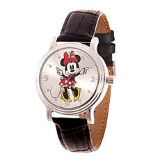 Disney Minnie Mouse Women's Shiny Silver Watch w/ Black Leather Strap 