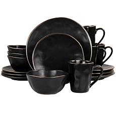 Elama Modern 16pc Stoneware Dinnerware Set in Matte Black w/ Gold Rim