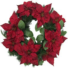 Fraser Hill Farm 24" Christmas Wreath w Velvet Poinsettias and Leaves