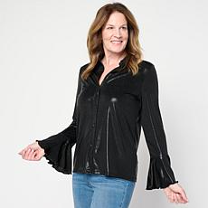 G by Giuliana 24K Shine Button Front Top with Flare Sleeves