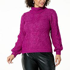 G by Giuliana Cable Knit Turtleneck Puff-Sleeve Sweater 