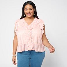 G by Giuliana Printed Knit Sleeveless Ruffle Top