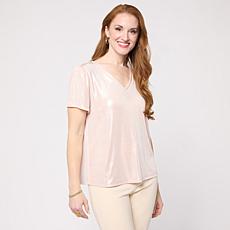 G by Giuliana Shirred Sleeve V-Neck Shimmer Top