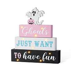 Glitzhome 11.75"H Halloween Lighted Pink Wooden Ghost Block Word Sign