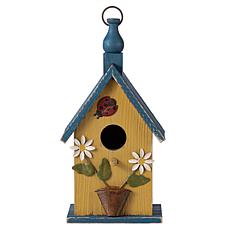 Glitzhome 12.25" Distressed Yellow Birdhouse with Bee & Flower Accents