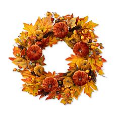 Glitzhome 23.75"D Fall Velvet Pumpkin, Pinecone & Berry Wreath