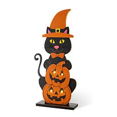 Glitzhome 30"H Halloween Wooden Lighted Witch Cat Porch Decor w/Timer