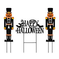 Glitzhome 32"H Nutcracker & Happy Halloween Yard Stake Set of 3