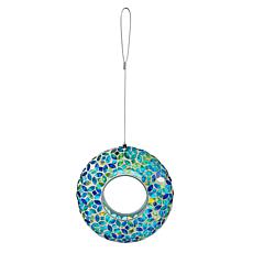 Glitzhome 8''D Glass Round Hanging Blue/Green Mosaic Birdfeeder
