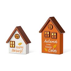 Glitzhome 8"H Set of 2 Lighted Fall Wooden House-shaped Table Decor
