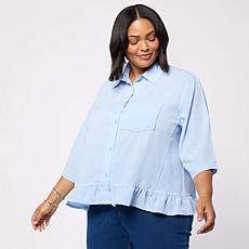 Hue Ruffle Hem 3/4-Sleeve Button-Down Top 