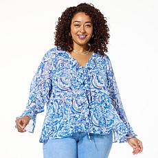 IMAN Global Chic Printed Flounce Tie-Front Blouse