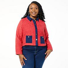IMAN Global Chic Tweed Jacket with Denim Trim