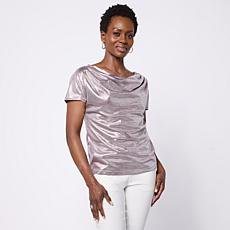 Jaclyn Smith Metallic Knit Cap Sleeve Cowl Neck Top