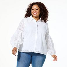 Jaclyn Smith Poet-Sleeve Woven Eyelet Button-Up Shirt