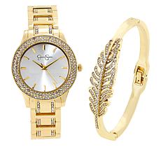 Jessica Simpson Crystal-Accented Watch and Feather Bangle Set