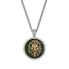 Men's Black Spinel Lion Two-tone Sterling Silver Pendant Necklace