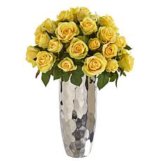 Nearly Natural 20" Rose Artificial Arrangement in Silver Vase