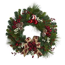 Nearly Natural 24 in. Christmas Artificial Wreath with Ornaments