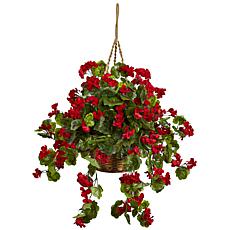 Nearly Natural Red Geranium Hanging Basket UV-Resistant Indoor/Outdoor