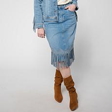 NEW CLASSIC STRETCH WESTERN SUEDE FRINGE HEM MIDI SKIRT
