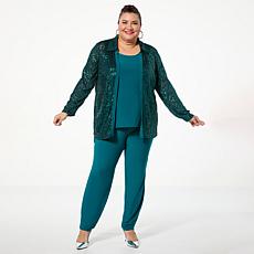 Nina Leonard 3-piece Sequined Button-Front Top, Tank and Pant Set