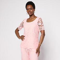 Nina Leonard Border Lace Elbow Sleeve Top