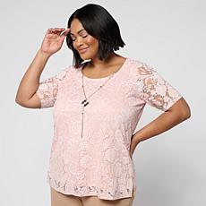 Nina Leonard Burnout Knit Elbow Sleeve Necklace Top 