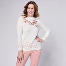 Nina Leonard Embroidered Long-Sleeve Chenille Sweater