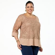 Nina Leonard Embroidered Mesh Knit 3/4-Sleeve Tunic