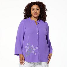 Nina Leonard Mandarin Collar Embroidered Tunic