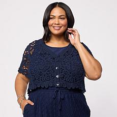 Nina Leonard Open Crochet Elbow-Sleeve Bolero Top