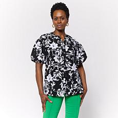 Nina Leonard Print Textured Wave Bubble-Sleeve Shirt