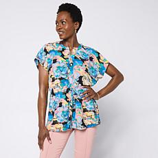 Nina Leonard Printed Button-Front Tie Waist Top