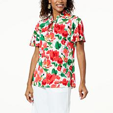 Nina Leonard Smock Neck Flutter Sleeve Top