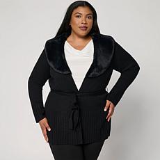 Nina Leonard Sweater Cardigan with Faux Fur Collar