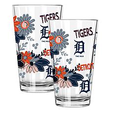 Official MLB Flower-Design & Logo 16oz Pint Glass 2pk - Detroit Tigers