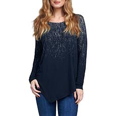 Seven7 Long Sleeve Top with Asymmetrical Hem and Foil Detail