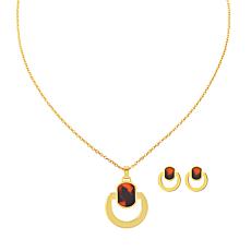 Stately Steel Half Circle Brown Acrylic Pendant and Earring Set