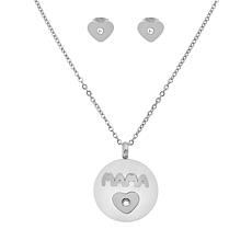 Stately Steel Heart "Mama" CZ Pendant Necklace and Stud Earring Set