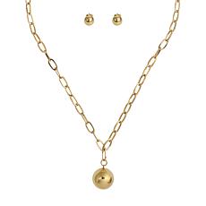 Stately Steel Polished Ball Oval Link Chain Necklace and Earring Set