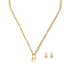 Stately Steel Round Padlock Chain Necklace and Earring Set