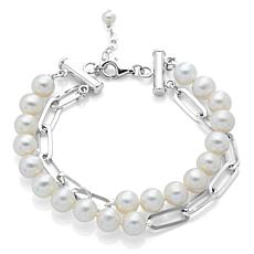 Sterling Silver 7-8mm Cultured Pearl Paperclip Chain 2-Row 7" Bracelet