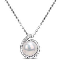 Sterling Silver 8-8.5mm Cultured Pearl and Diamond Halo Pendant 