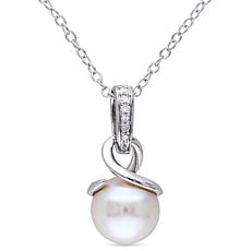 Sterling Silver 8-8.5mm Pearl and Diamond Twist Top Pendant with Chain