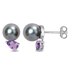 Sterling Silver 8-9mm Black Tahitian Pearl and Amethyst Earrings