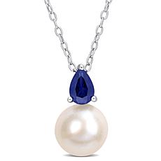 Sterling Silver 8.5-9mm Pearl and Created Blue Sapphire Necklace
