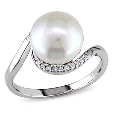 Sterling Silver 9.5-10mm Cultured Pearl and Diamond Curlicue Ring