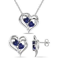 Sterling Silver Created Sapphire & Diamond Heart Necklace and Earrings
